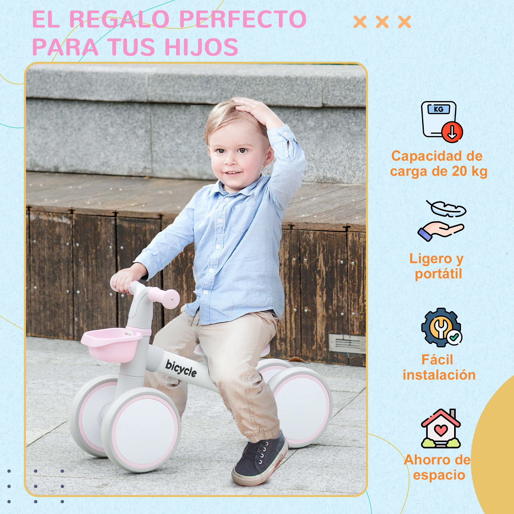 Bicicleta sin Pedales para Niños de 12-36 Meses Bicicleta de Equilibrio con Asiento Ajustable Cesta y 4 Ruedas Silenciosas Carga 20 kg 56x27x39 cm Rosa