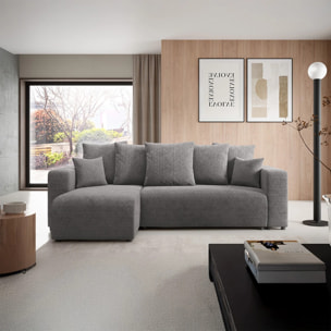 GLORIA - Canapé d'angle gauche convertible 4 places en tissu gris foncé