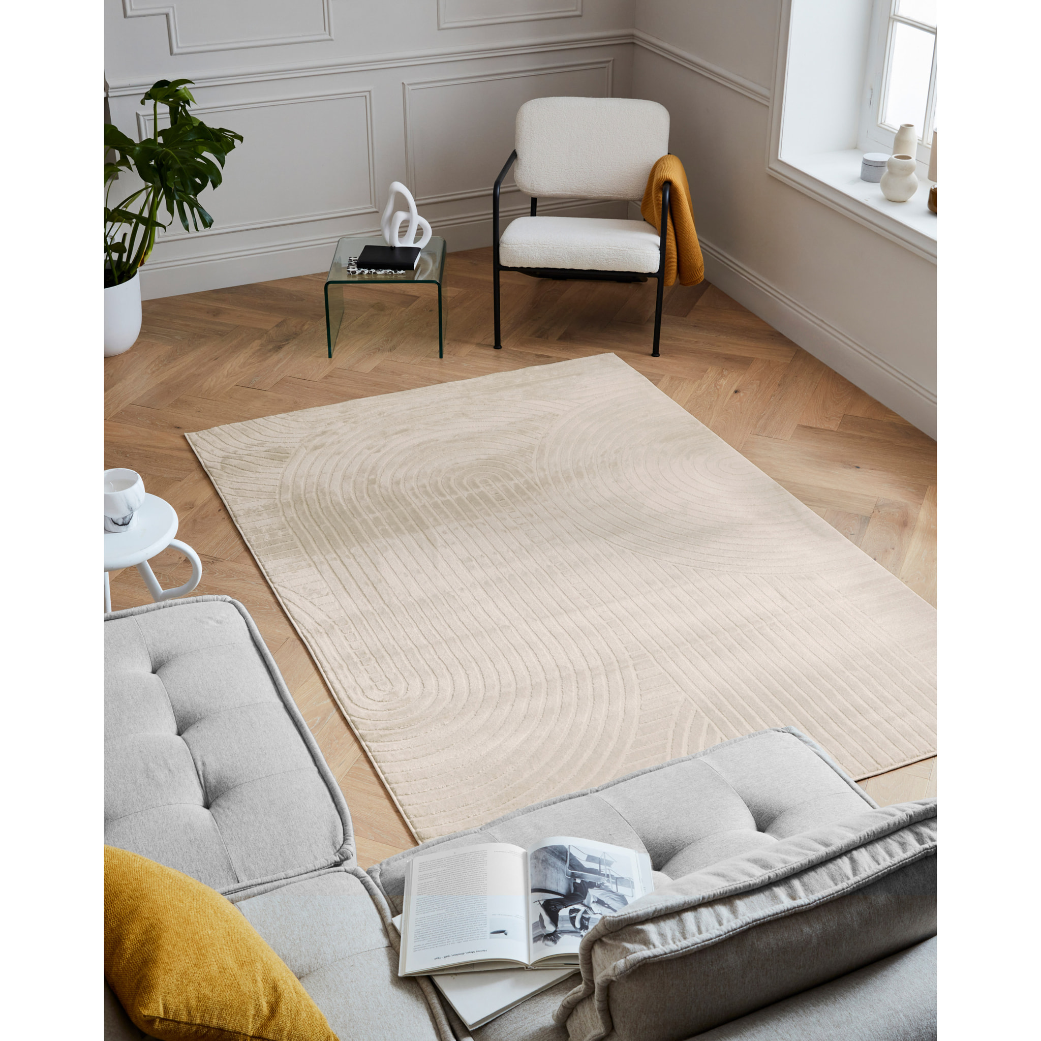 BLOOM - Tapis poils ras motif demi arc en relief - Crème