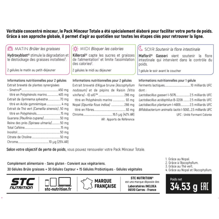 Pack Minceur Totale - Cure Perte de Poids 3 en 1 - Brûle & Déstocke les graisses installées - Convient aux Vegan - Actifs Naturels - Sans Gluten - Pilulier offert - Lot de 3