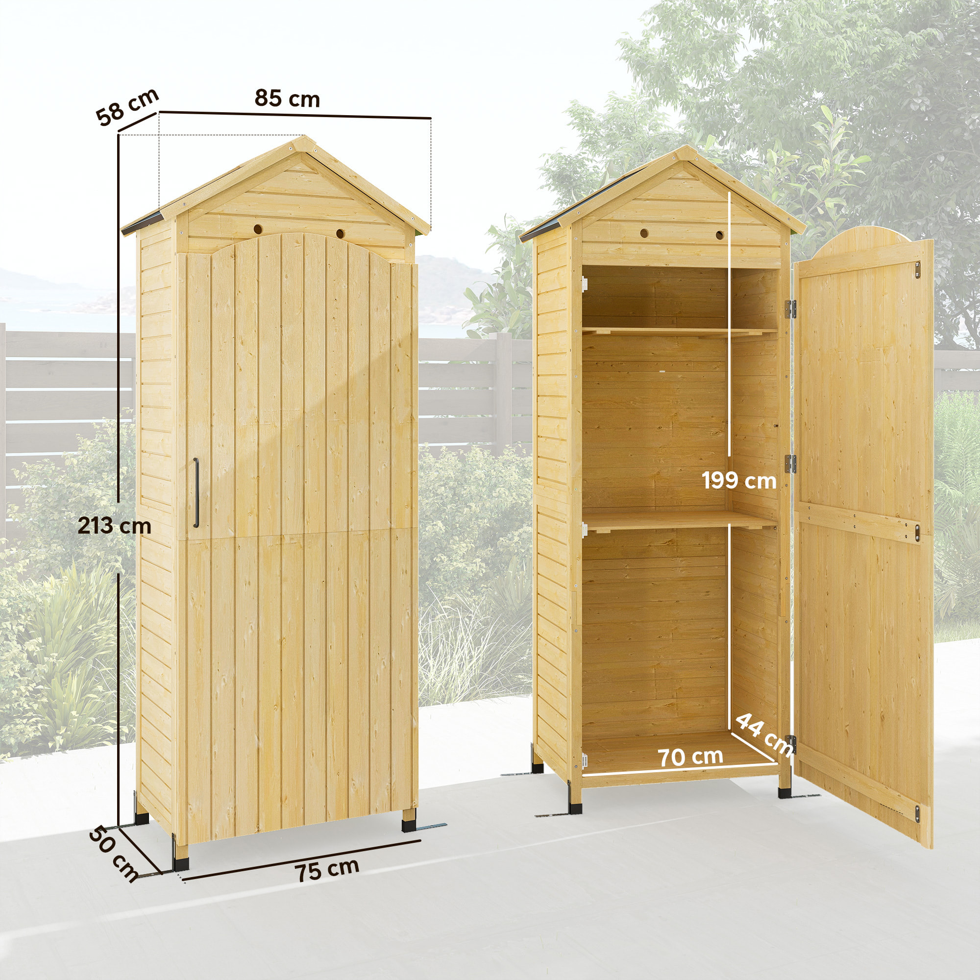 Armoire de jardin bois sur pieds H.213cm 2 étagères toit double pente métal