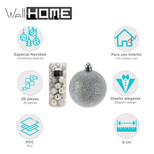 set de 35 bolas de navidad de 6cm con 5 diseños diferentes en relieve color plata