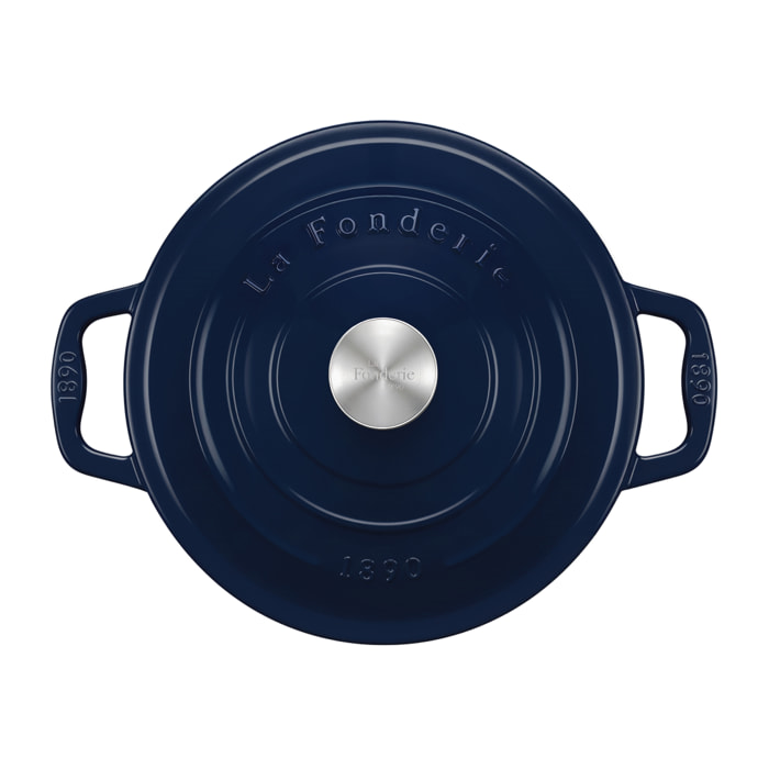 La Fonderie 1890 ALMA22, Cacerola de hierro fundido, 22 cm, 3,3L, azul marino, compatible con todos los fuegos, inducción, gas, parrilla y horno