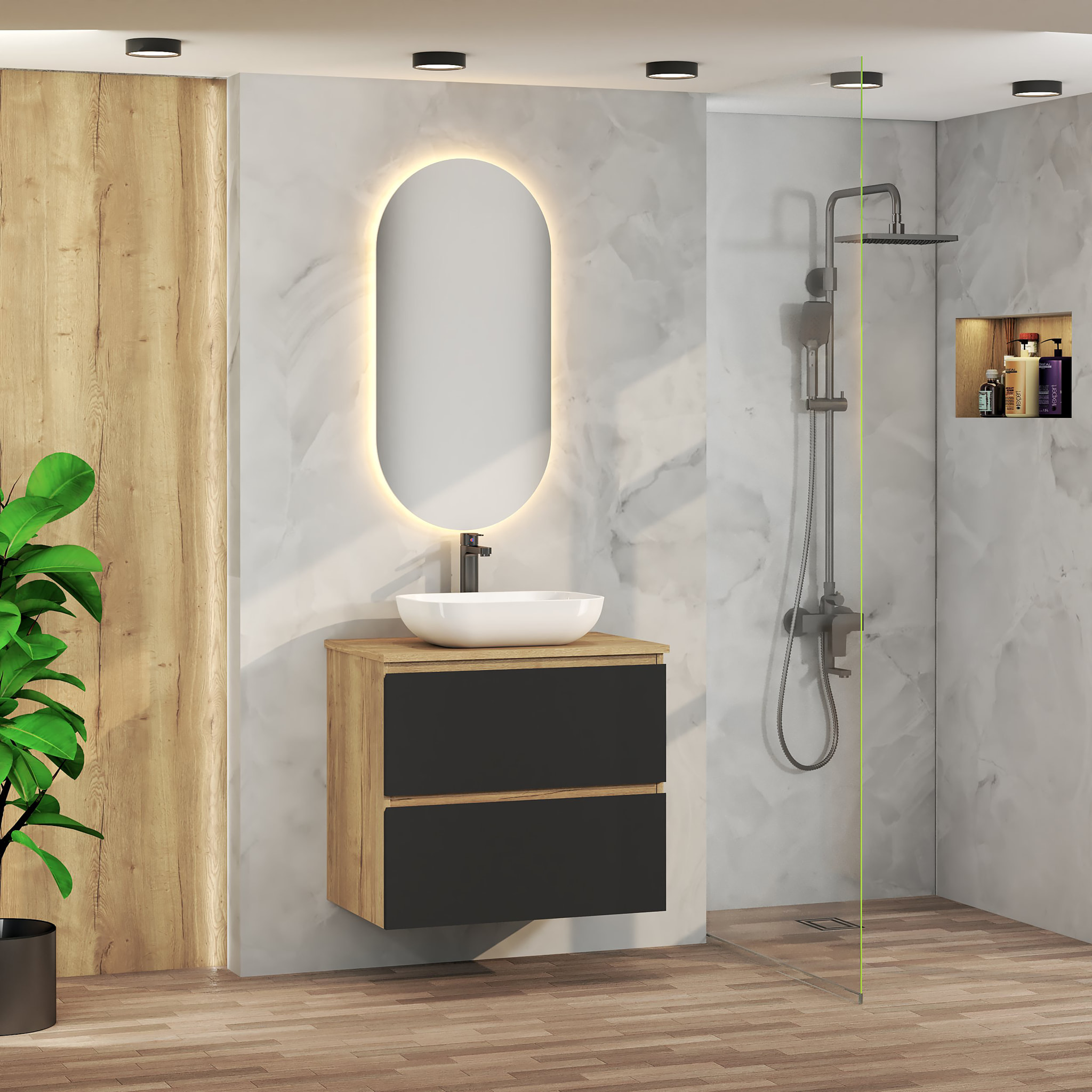 CONJUNTO DE BAÑO NIA | MUEBLE SUSPENDIDO | 70 CM NEGRO | DOS CAJONES | LAVABO SOBREPUESTO | NO INCLUYE ESPEJO | MUEBLE MONTADO| ALDAY