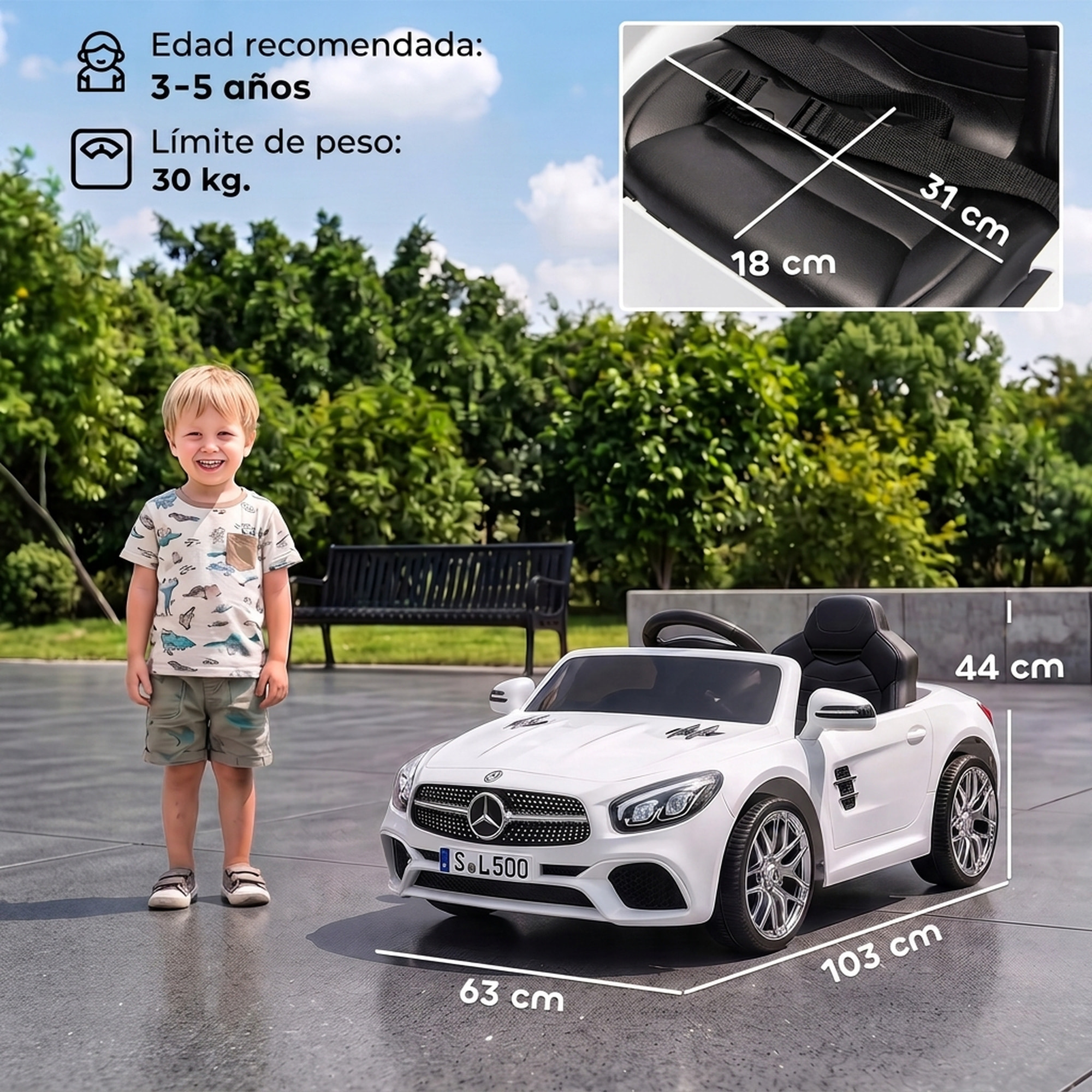 Coche Eléctrico para Niños Mercedes-Benz SL500 Coche de Batería Litio 12V con Mando a Distancia 2,4G 2 Motores Suspensión Arranque Suave Luces Música Claxon Bluetooth 3-5 Años 3-5 km/h Blanco