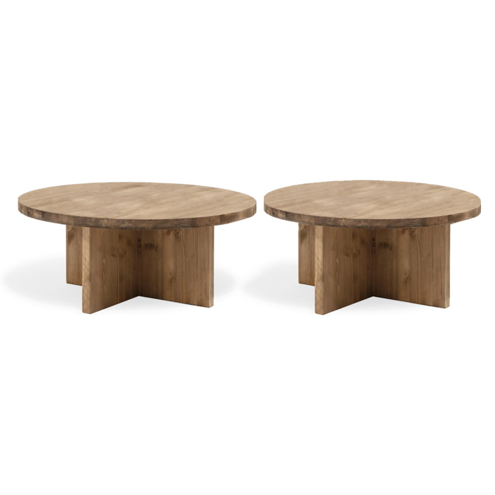 Pack de 2 tables basses rondes en bois massif ton chêne foncé 80x80cm Hauteur: 30 Longueur: 80 Largeur: 80