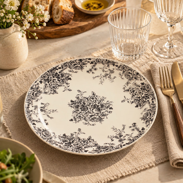 Lot de 6 assiettes plates en grès décor fleuri noir 26cm FLORALI