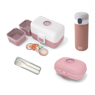 Set lunch box et boite à goûter enfants blanc/rose + accessoires