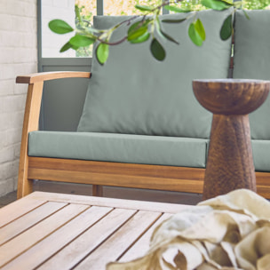 Salon de jardin USHUAIA 5 places vert de gris en bois d'acacia. un canapé. une table. deux fauteuils
