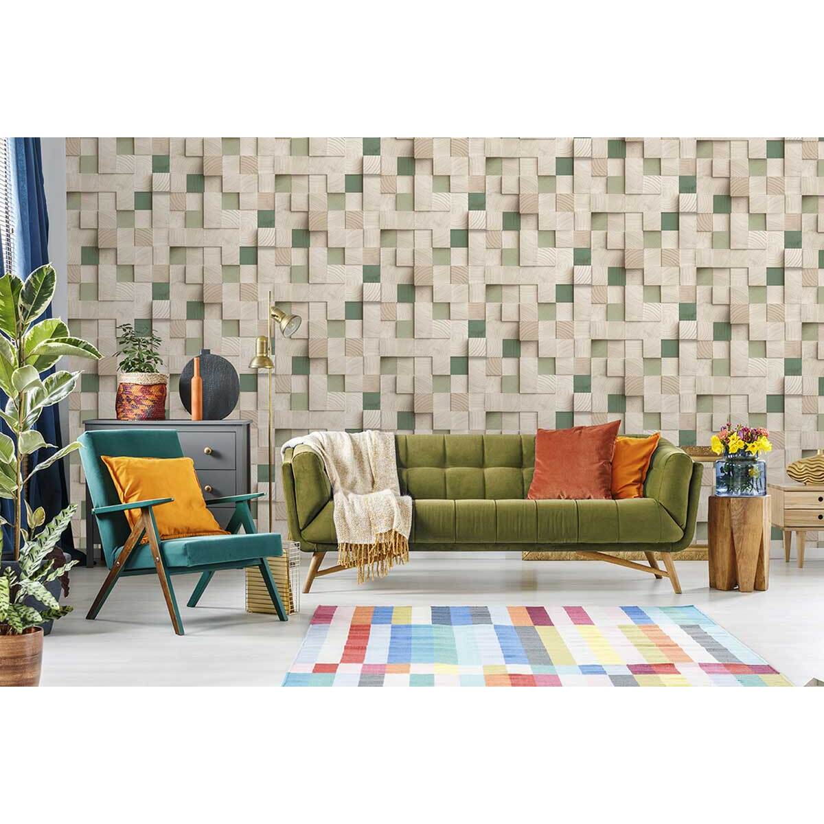 Papier peint cubes bois verts style naturel