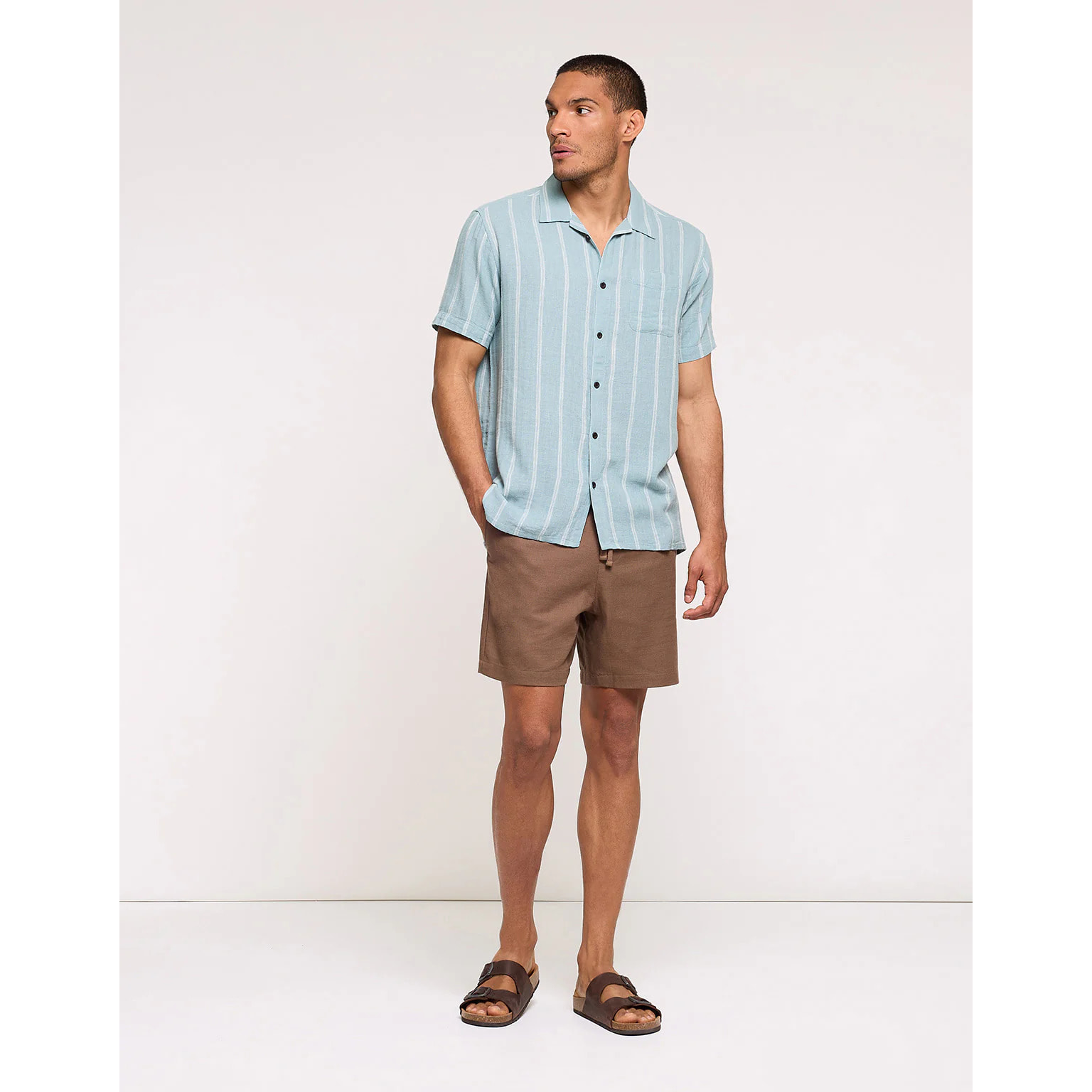 Camisa Manga Corta con Lino Azul Claro Rayas - Selvaire