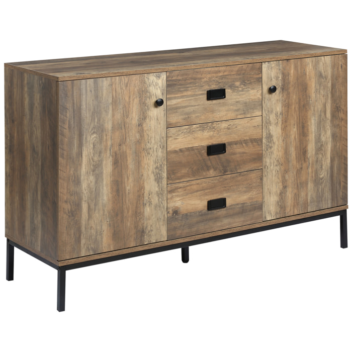 Buffet design industriel effet bois de manguier métal noir - 2 portes, 2 étagères, 3 tiroirs - 120 x 39,5 x 77 cm