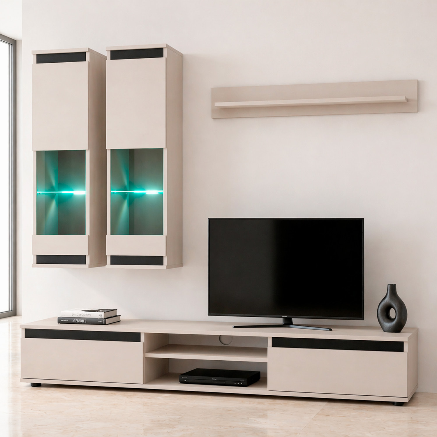 Parete Attrezzata Soggiorno Mobile Tv Vetrine Led Mensola Moderno Living Arredo Contenitore Vani Giorno Resistente 175x 150x 37 Cm Cashmere E Nero