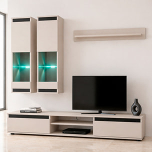 Parete Attrezzata Soggiorno Mobile Tv Vetrine Led Mensola Moderno Living Arredo Contenitore Vani Giorno Resistente 175x 150x 37 Cm Cashmere E Nero