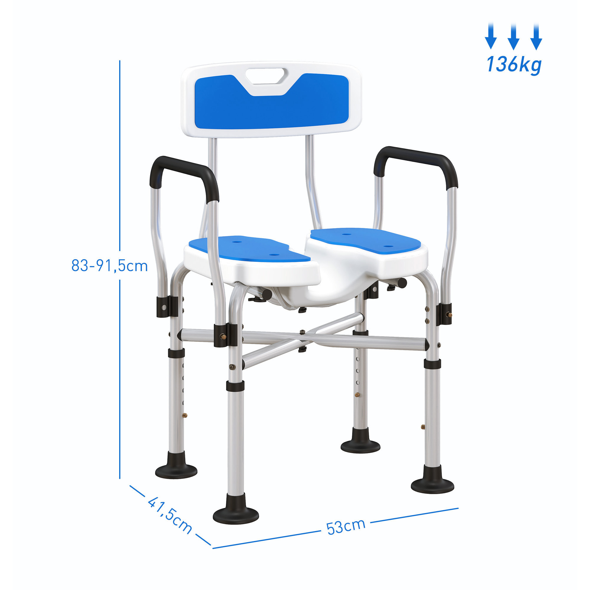 Silla Ducha Personas Mayores Silla de Ducha con Asiento Ranurado Altura Regulable Taburete de Ducha Antideslizante con Respaldo y Reposabrazos Carga 136 kg para Discapacitados Azul