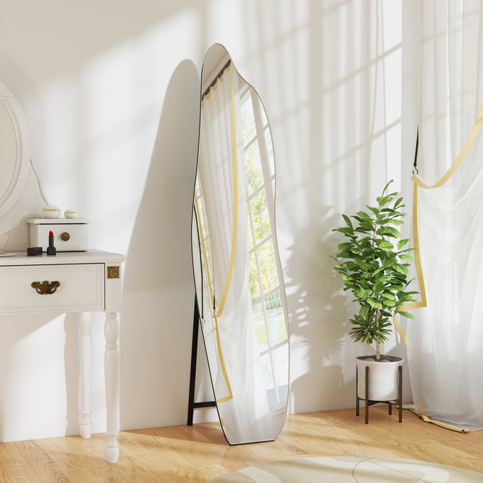 Espejo de Pie Cuerpo Entero 160x40 cm sin Marco, Espejo de Pie Forma Irregular con Soporte Metálico, Montaje en el Suelo o Apoyado contra la Pared, para Salón, Entrada y Dormitorio, Negro
