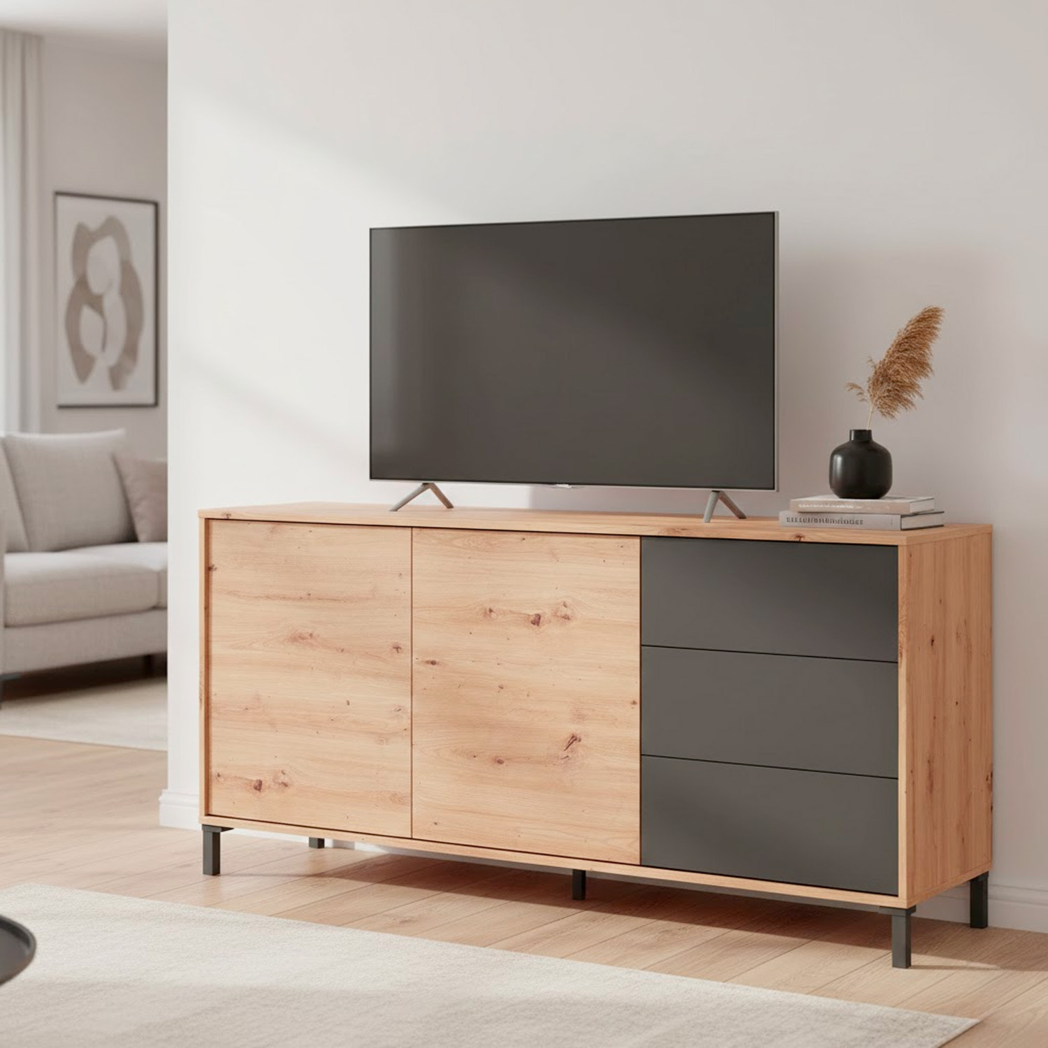 Credenza Industriale Moderna Con 2 Ante E 3 Cassetti Madia Mobile Contenitore Salvaspazio Soggiorno Sala Pranzo 74x154x41 Cm Rovere e Grigio Antracite