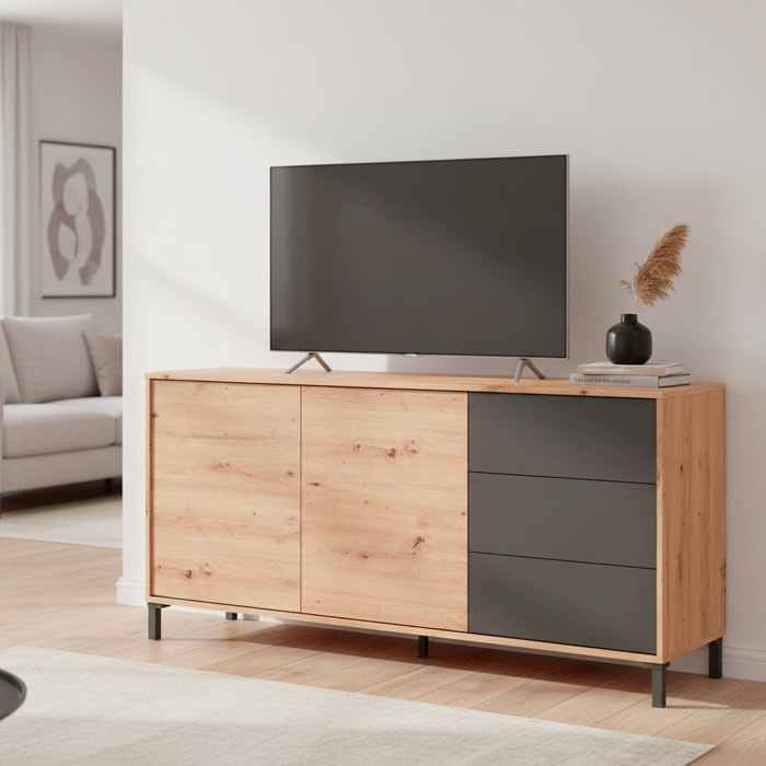 Credenza Industriale Moderna Con 2 Ante E 3 Cassetti Madia Mobile Contenitore Salvaspazio Soggiorno Sala Pranzo 74x154x41 Cm Rovere e Grigio Antracite
