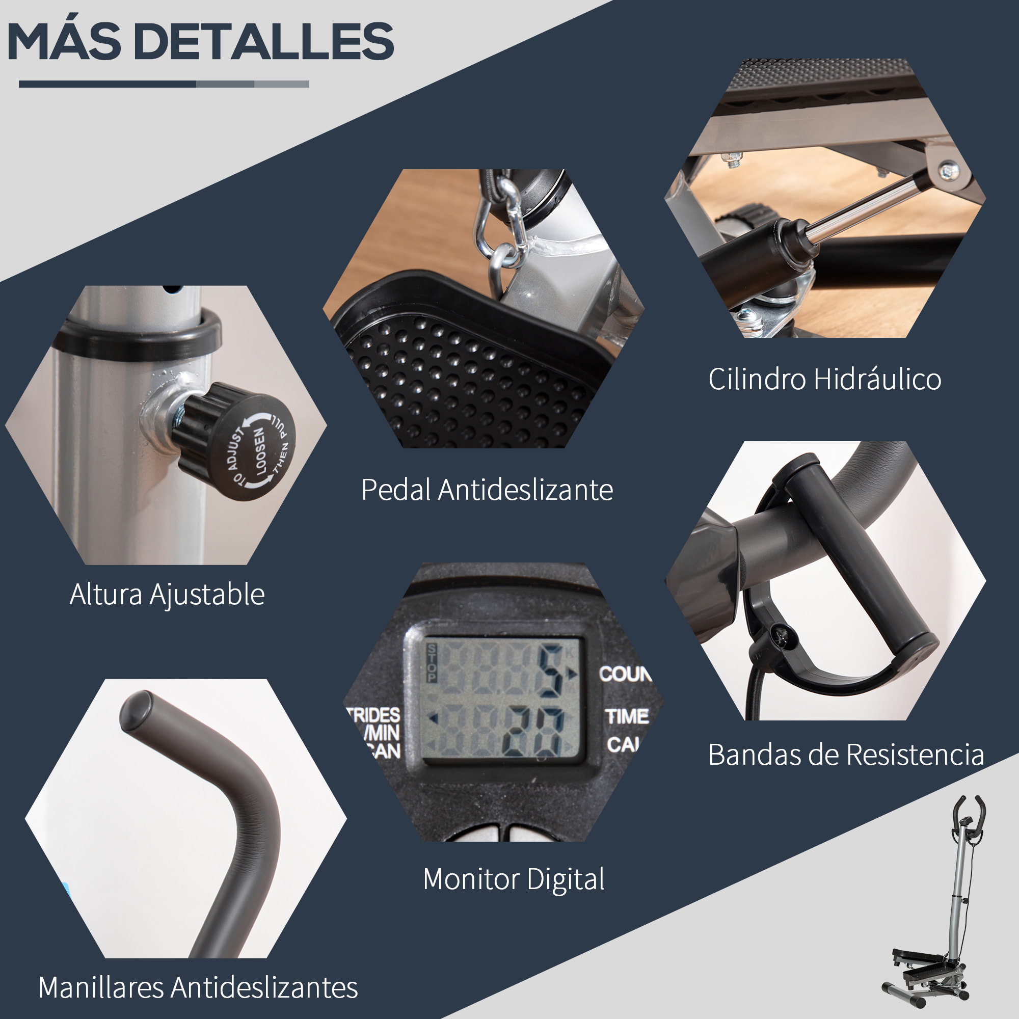 Máquina de Step Stepper Fitness con Manillar Altura Ajustable Pantalla LCD Cintas y Pedales Antideslizantes Equipo de Ejercicio para Gimnasio en Casa 55x53x118-128 cm Plata