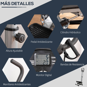 Máquina de Step Stepper Fitness con Manillar Altura Ajustable Pantalla LCD Cintas y Pedales Antideslizantes Equipo de Ejercicio para Gimnasio en Casa 55x53x118-128 cm Plata