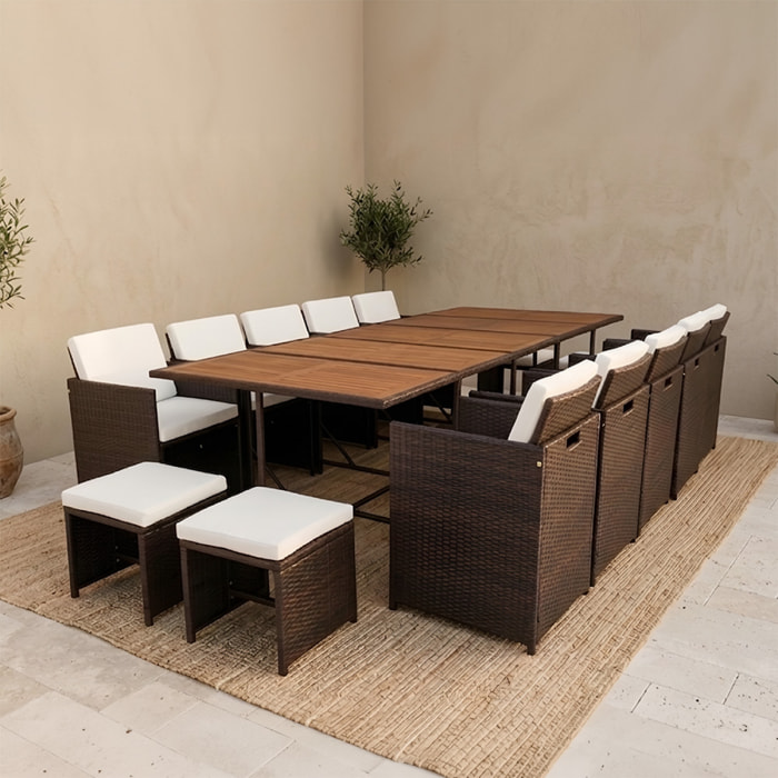 Salon de jardin 14 pl en acacia et résine marron + housse CASCO