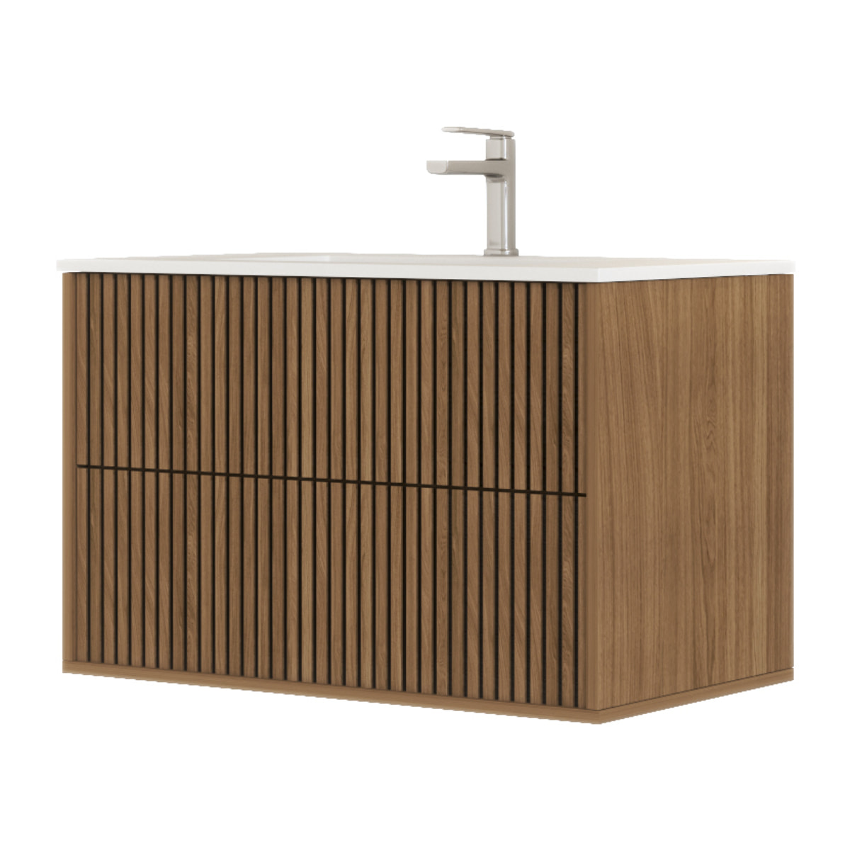 Meuble Salle de Bains 60cm 2 Tiroirs Décor Chêne et Noir Cranté - Vasque Blanche Mate - YUKI