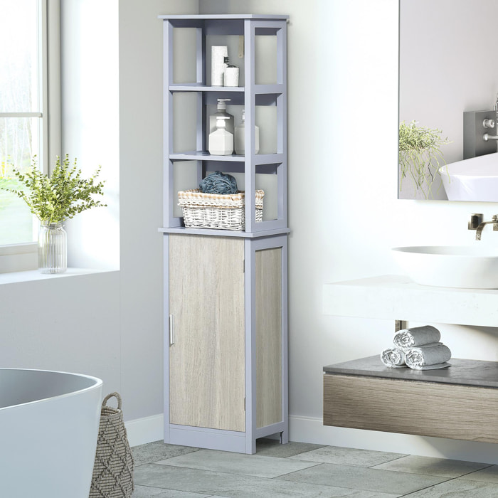 Meuble colonne rangement salle de bain avec placard et 3 étagères dim. 40L x 30l x 160H MDF gris et chêne clair