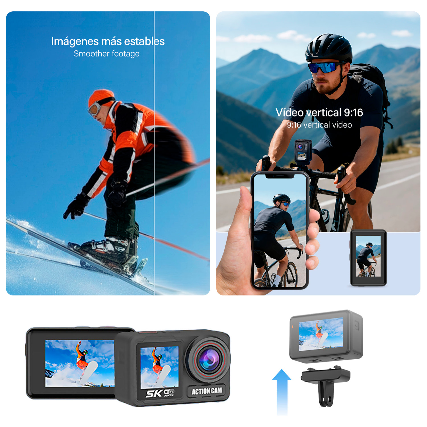 Cámara deportiva WIFI M90TR doble pantalla ultra HD de 2.2" y HD de 1.4", vídeo hasta 5K 60FPS y fotografías de hasta 64 MP. Zoom digital 5x, múltiples modos de foto y vídeo. Sumergible 30M.
