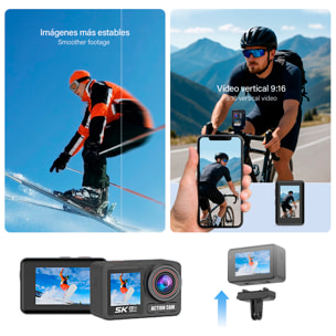 Cámara deportiva WIFI M90TR doble pantalla ultra HD de 2.2" y HD de 1.4", vídeo hasta 5K 60FPS y fotografías de hasta 64 MP. Zoom digital 5x, múltiples modos de foto y vídeo. Sumergible 30M.