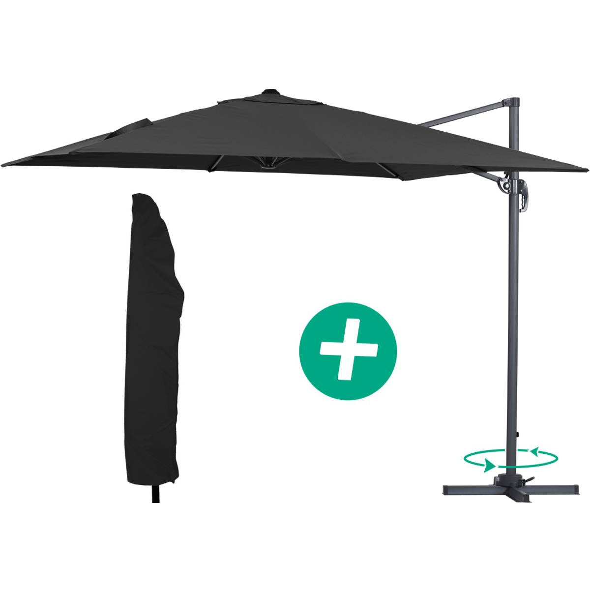 Parasol jardin déporté Alu "Sun 3" - Carré - 3 x 3 m - Noir + housse de protection