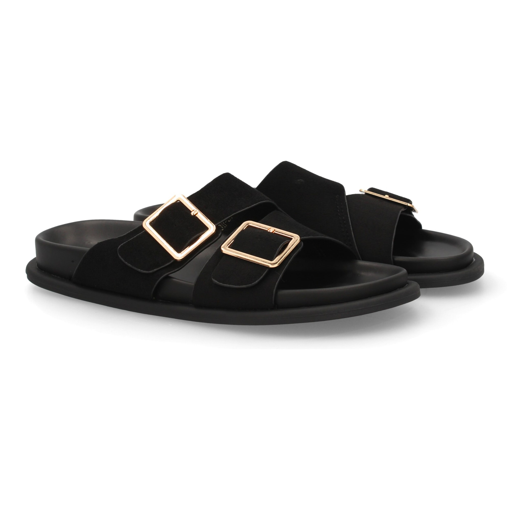 Sandalia plana con doble hebilla para mujer.