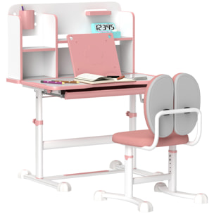 Juego de Escritorio y Silla para Niños de +3 Años, Pupitre Infantil Altura Ajustable con Tablero Inclinable, Cajón y Estantes, Respaldo Acolchado, para Libros, 80x55x107,5 cm, Rosa