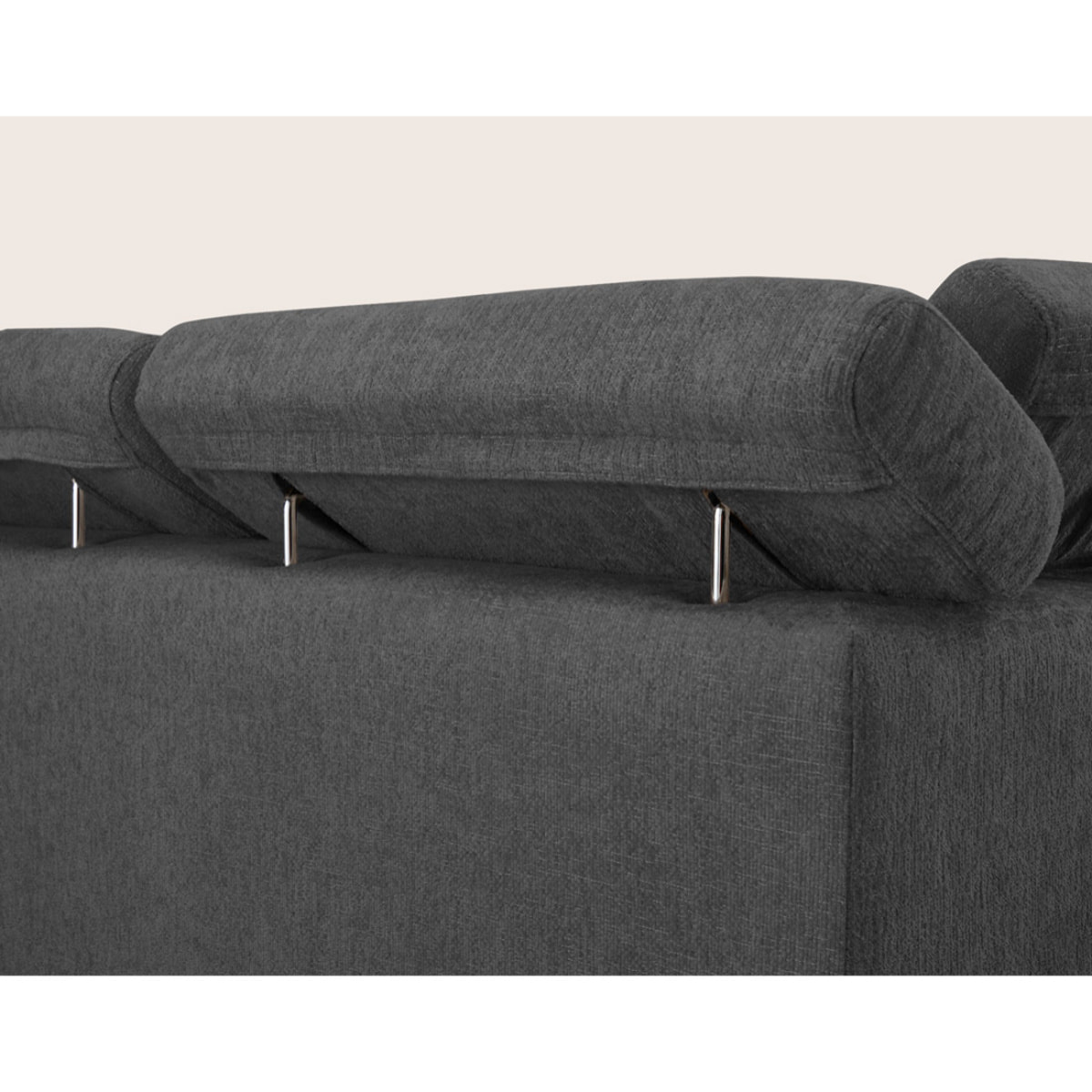 Margaux - Canapé d'angle droit 5 places convertible avec coffre et têtières réglables en velours texturé - Gris
