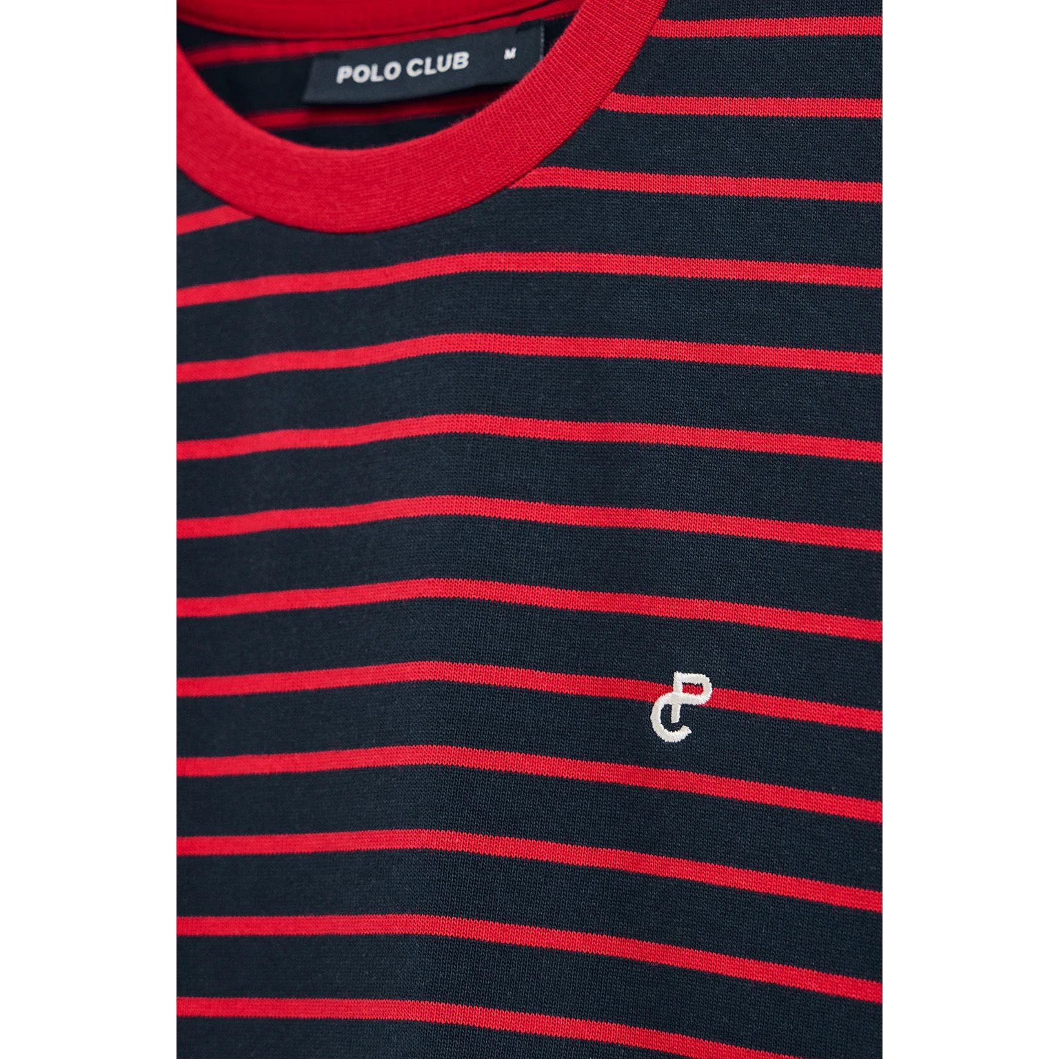 Camiseta de rayas rojas y azul marino con monograma bordado