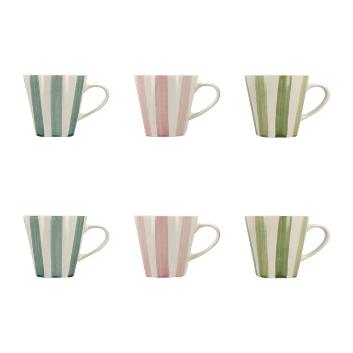 Lot de 6 tasses 20cl en grès blanc et rayures colorées ARLEQUIN