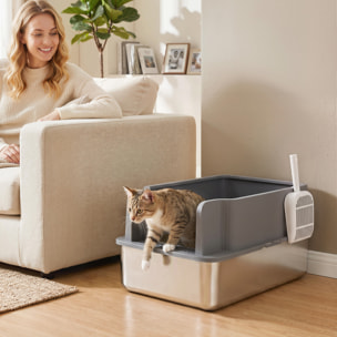 Arenero para Gatos de Acero Inoxidable L con Bandeja de Tamizado, Caja de Arena, Borde Alto, Pala, 10 Empapadores, Pellets de Pino +6 mm, Fácil de Limpiar, Antifugas, Antiadherente, Gris Oscuro
