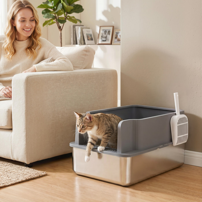 Arenero para Gatos de Acero Inoxidable L con Bandeja de Tamizado, Caja de Arena, Borde Alto, Pala, 10 Empapadores, Pellets de Pino +6 mm, Fácil de Limpiar, Antifugas, Antiadherente, Gris Oscuro