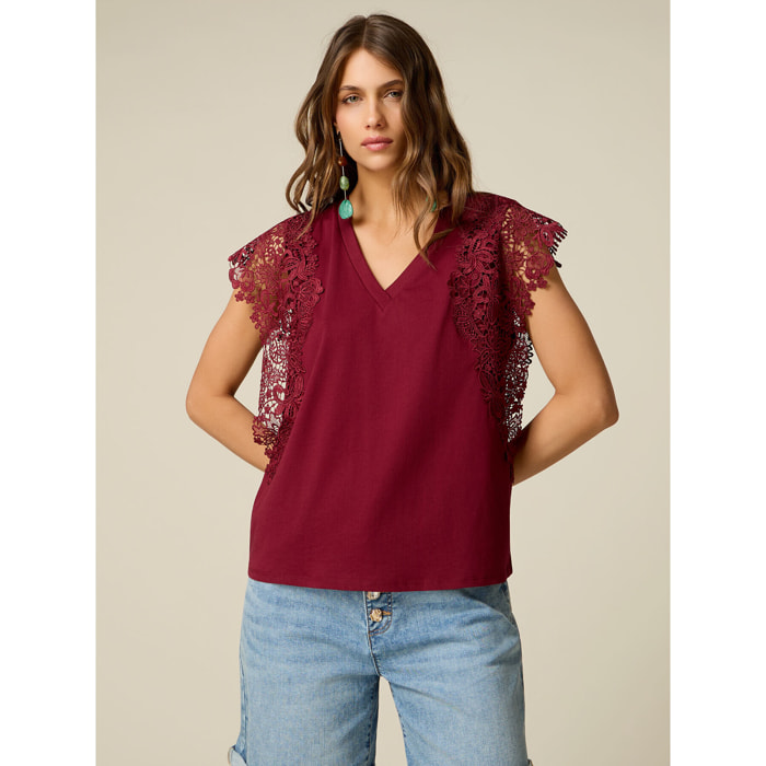 Oltre - T-shirt scollo a V con pizzo - Bordeaux