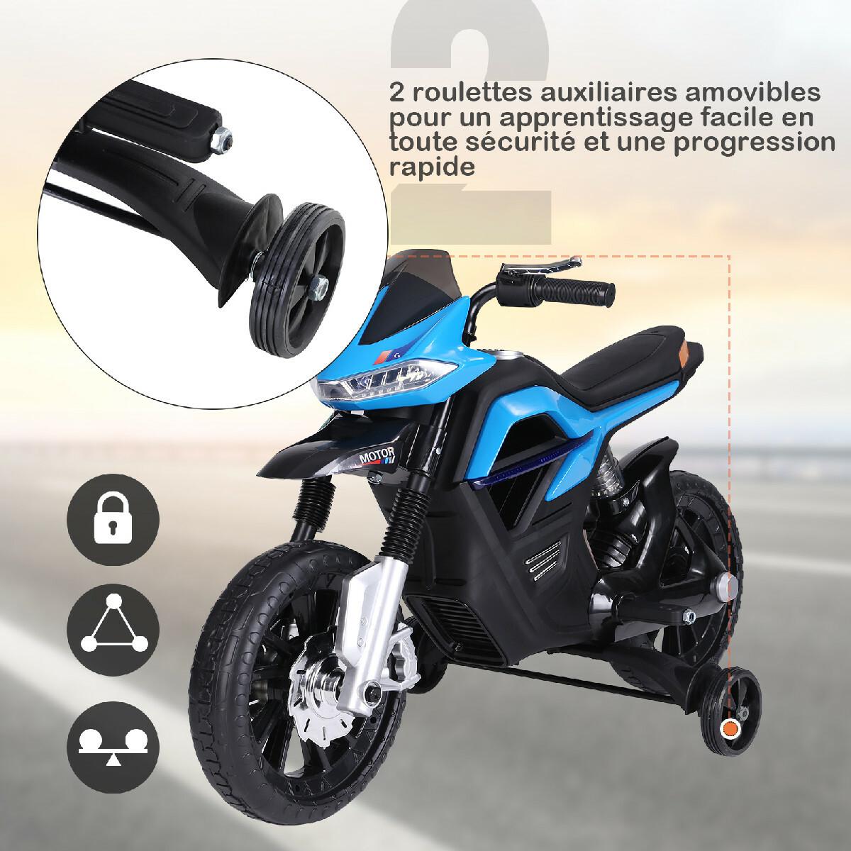 Moto électrique pour enfants 25 W 6 V 3 Km/h effets lumineux et sonores roulettes amovibles bleu