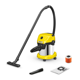 Aspirateur eau et poussière Karcher WD 3 S V-15/4/20 - Puissance 1000W- Capacité 15L- Cuve inox- Flexible 4m