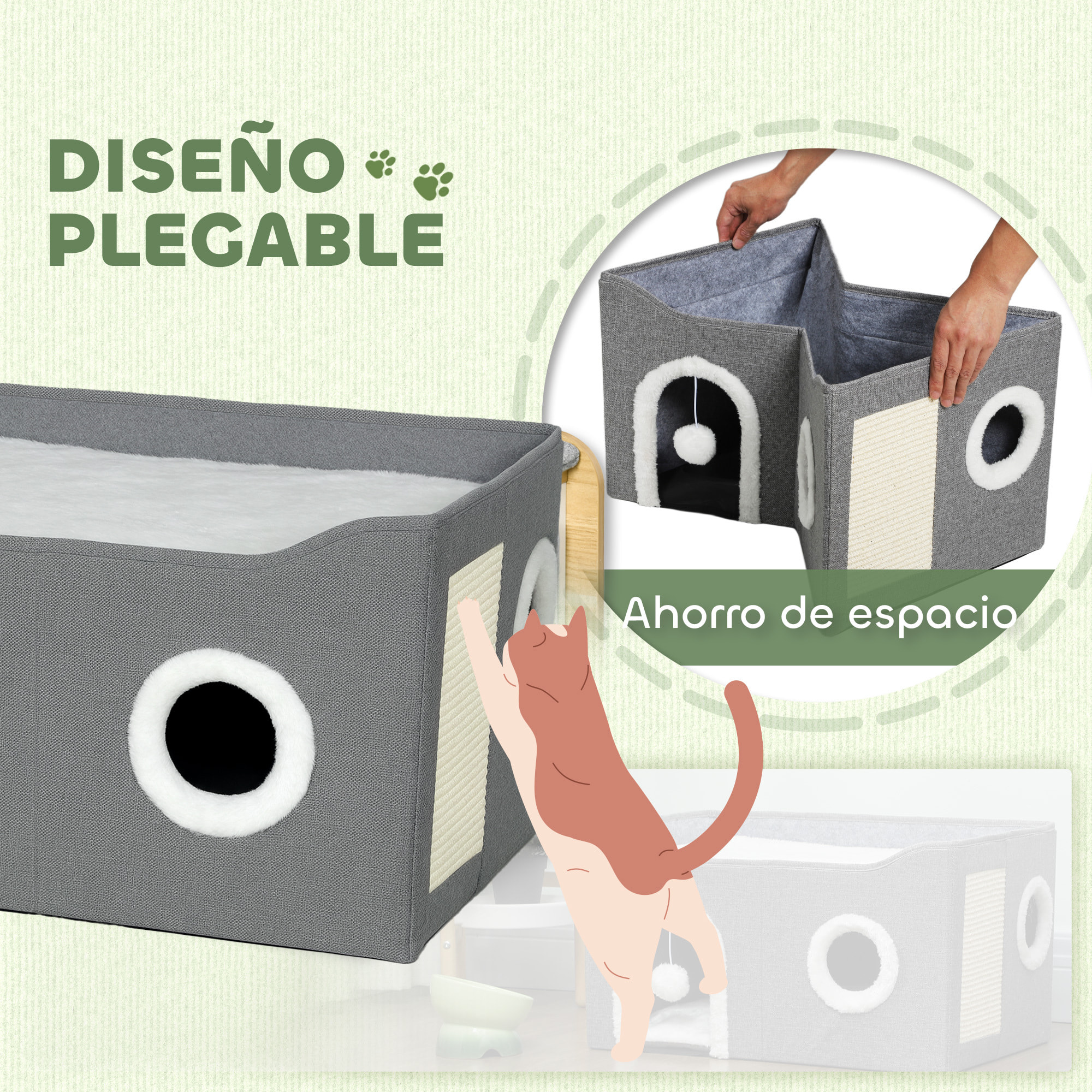 Casa para Gatos Plegable, Cama para Gatos con Rascador, 3 Entradas, Bola Colgante, Cojín Reversible en Felpa y Tipo Lino, para Interior, 60x40X34 cm, Gris