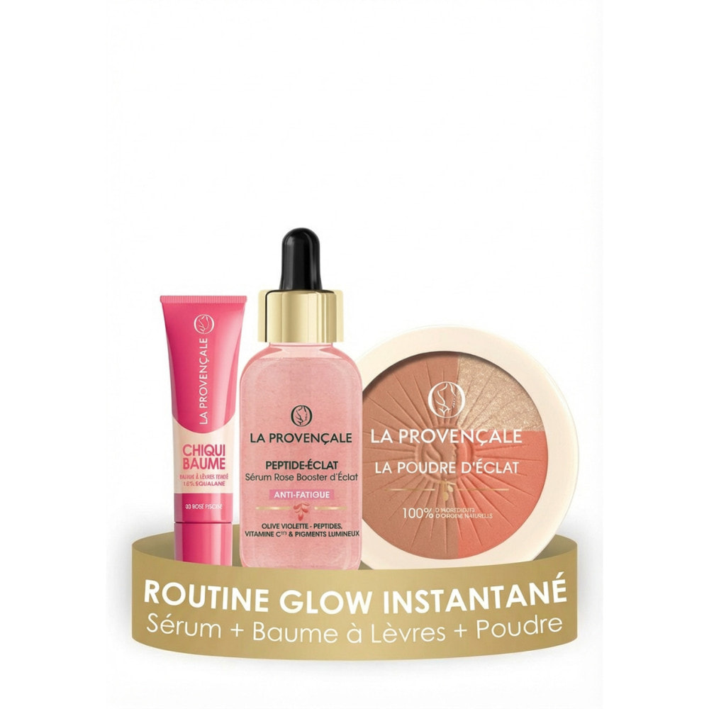 La Provençale - Routine éclat - Sérum Rose Peptide-éclat 30ml, Poudre de Soleil Eclat 3-en-1 8g & Baume à lèvres Chiqui Baume 10