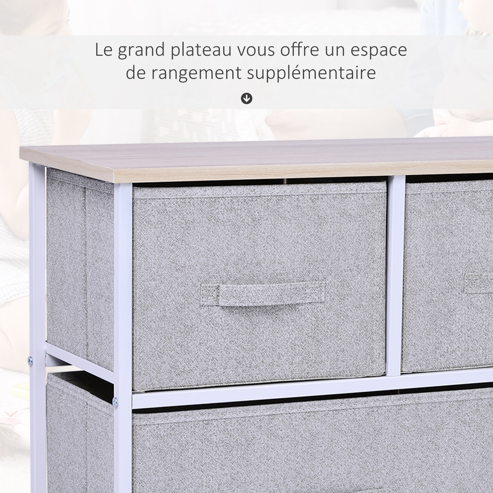 Commode meuble de rangement dim. 100L x 30l x 54H cm 5 tiroirs non-tissés gris structure métal blanc plateau MDF bois clair