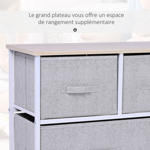 Commode meuble de rangement dim. 100L x 30l x 54H cm 5 tiroirs non-tissés gris structure métal blanc plateau MDF bois clair