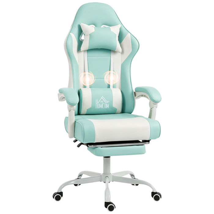 Silla Gaming Ergonómica, Silla Gamer con Lumbar Masaje Vibración, Reclinable 155°, Altura Ajustable, Reposacabezas y Reposapiés Retráctil, para Oficina, Estudio, Azul Claro