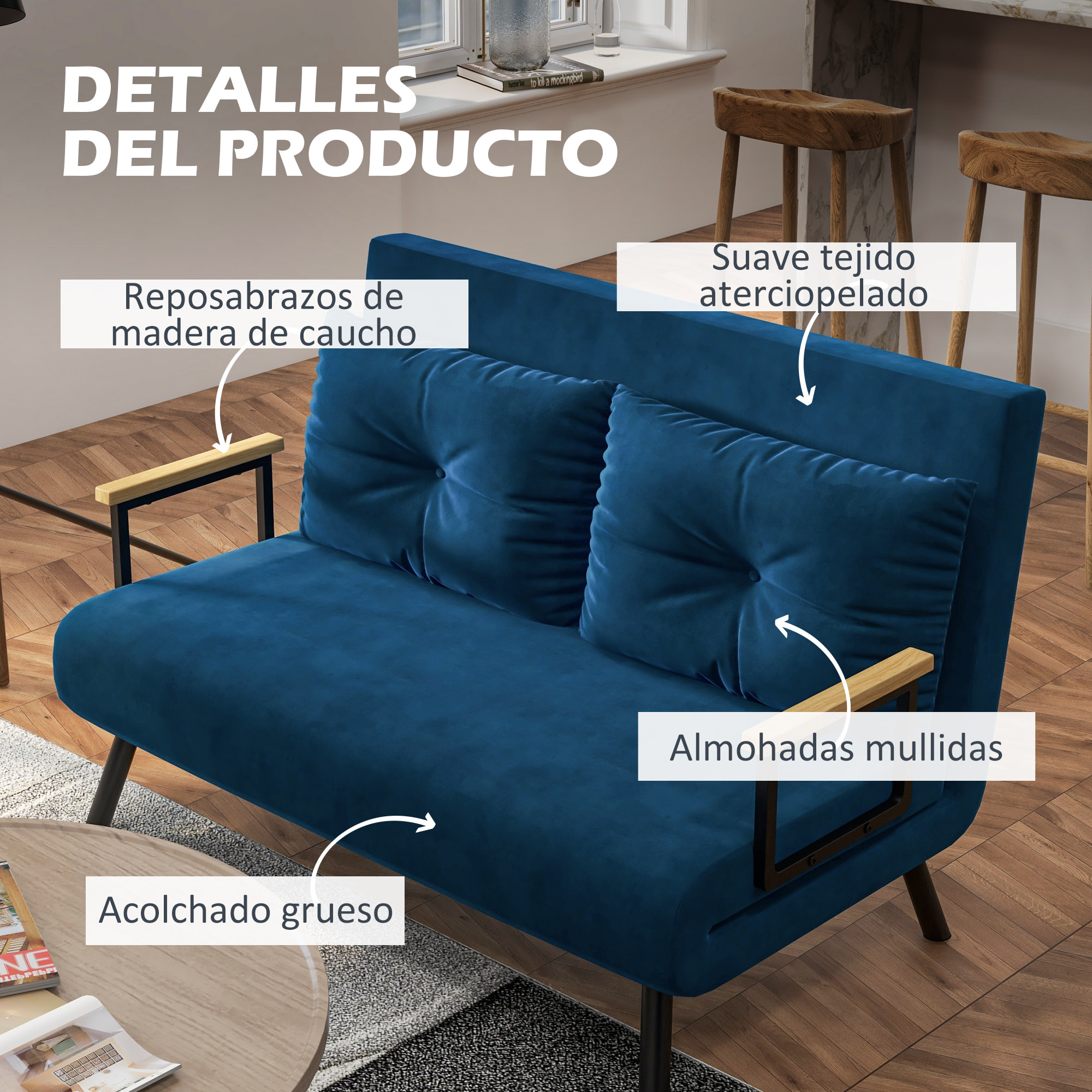 Sofá Cama Convertible 3 en 1 Sillón Cama de 2 Plazas Plegable con Respaldo Ajustable de 5 Niveles y 2 Almohadas Acolchadas para Oficina Dormitorio Salón 102x73x81 cm Azul