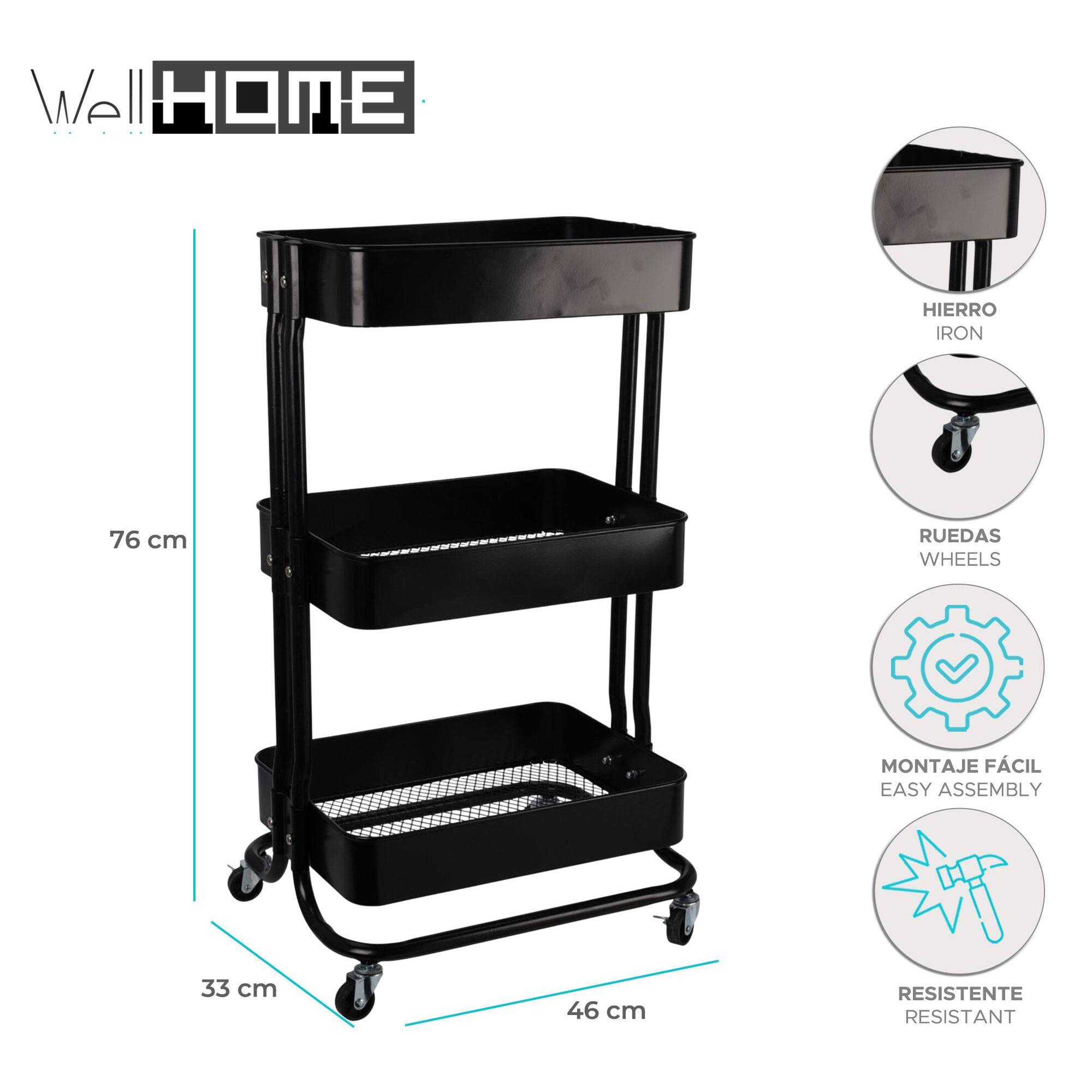 Well home carro de cocina de hierro en negro con ruedas y 3 cajones