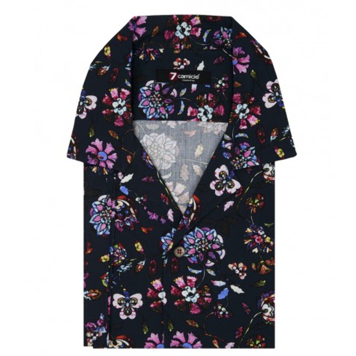 camicia uomo manica corta Popeline Stampato Blu/Rosa Fucsia