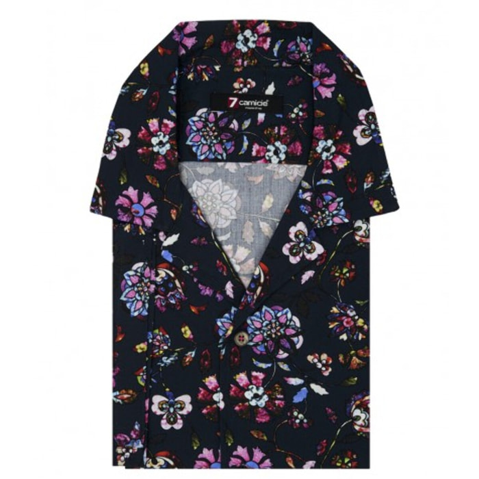 camicia uomo manica corta Popeline Stampato Blu/Rosa Fucsia
