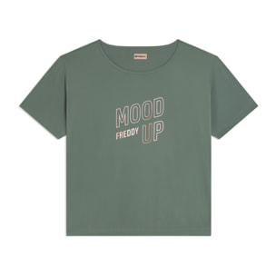 T-shirt cropped ampia in jersey tecnico con stampa “Mood Up”